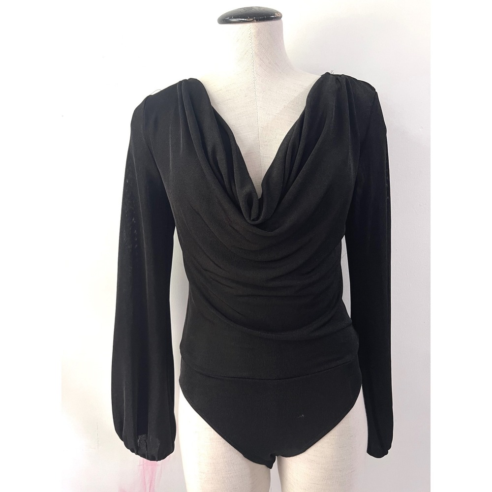 Band of the Free Black Cowl Neck Balloon Sleeve Ribbed Slinky Layer Bodysuit XS